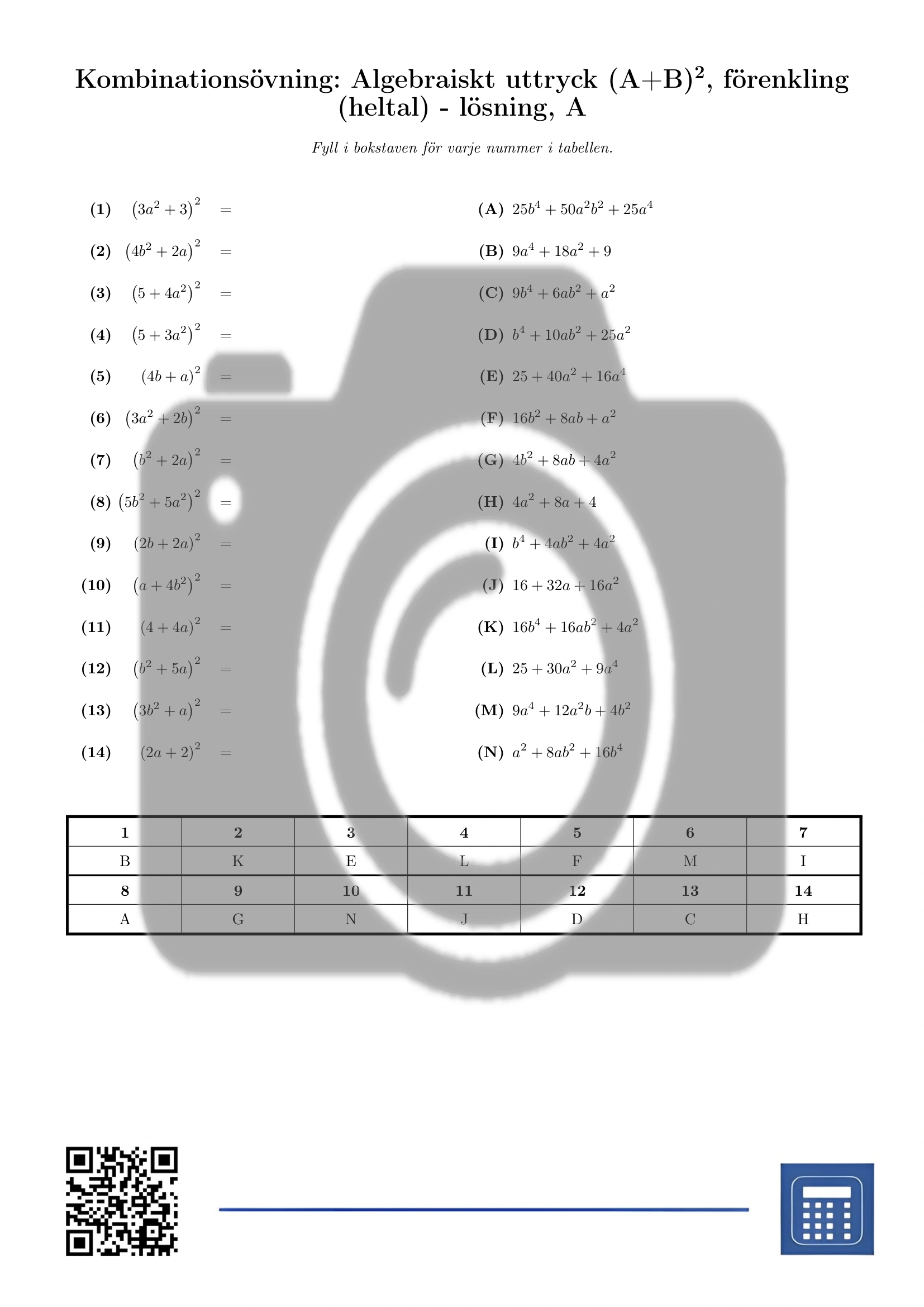 Kombinationsövning: Algebraiskt uttryck (A+B)², förenkling (heltal) - Bild 3