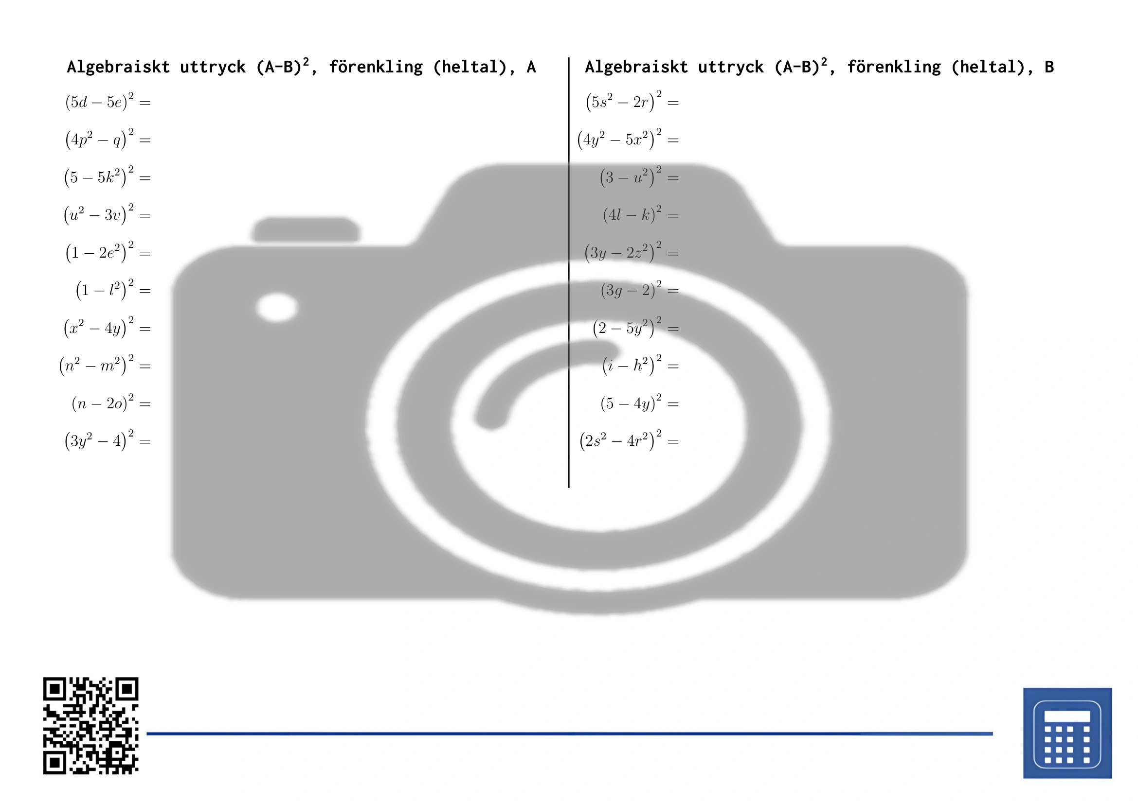 Arbetsblad: Algebraiskt uttryck (A-B)², förenkling (heltal) - Bild 2