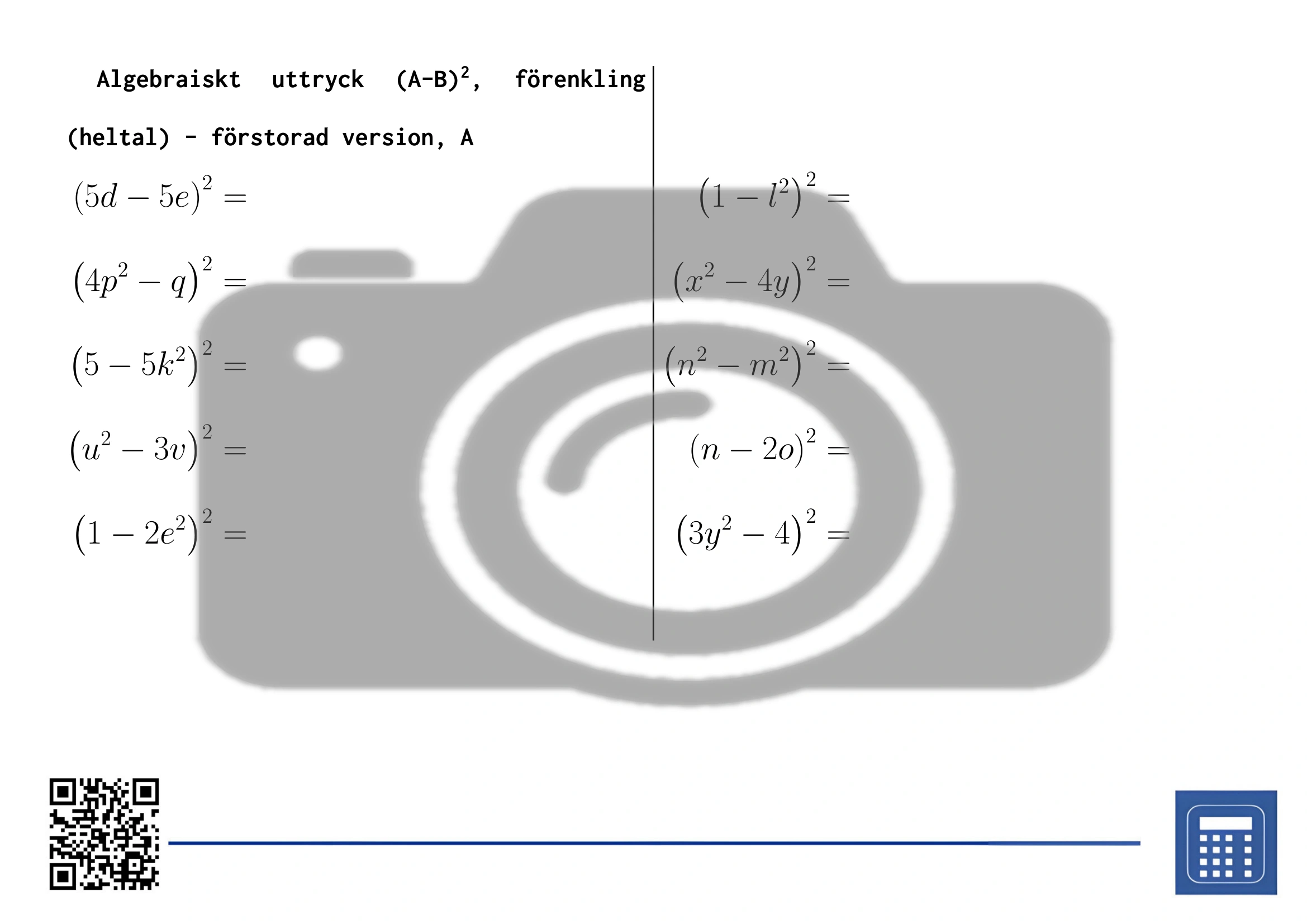 Arbetsblad: Algebraiskt uttryck (A-B)², förenkling (heltal) - Bild 3