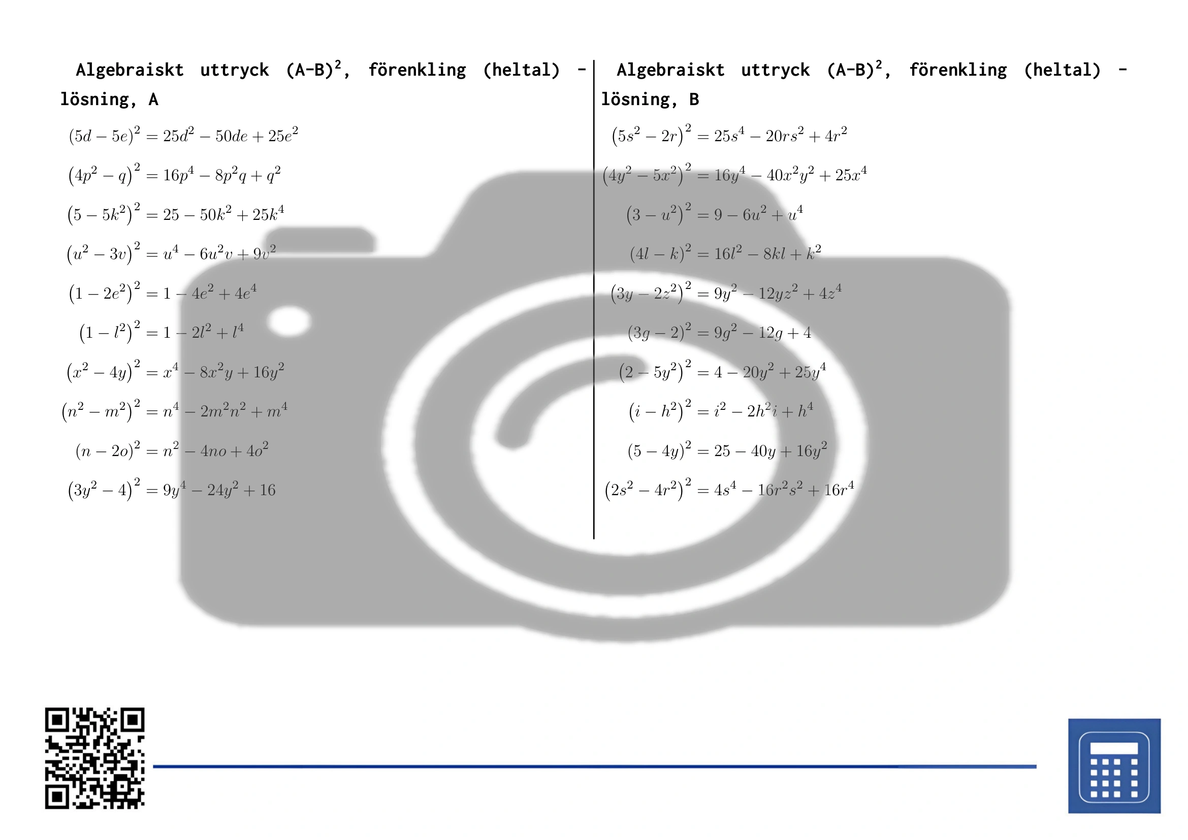 Arbetsblad: Algebraiskt uttryck (A-B)², förenkling (heltal) - Bild 4