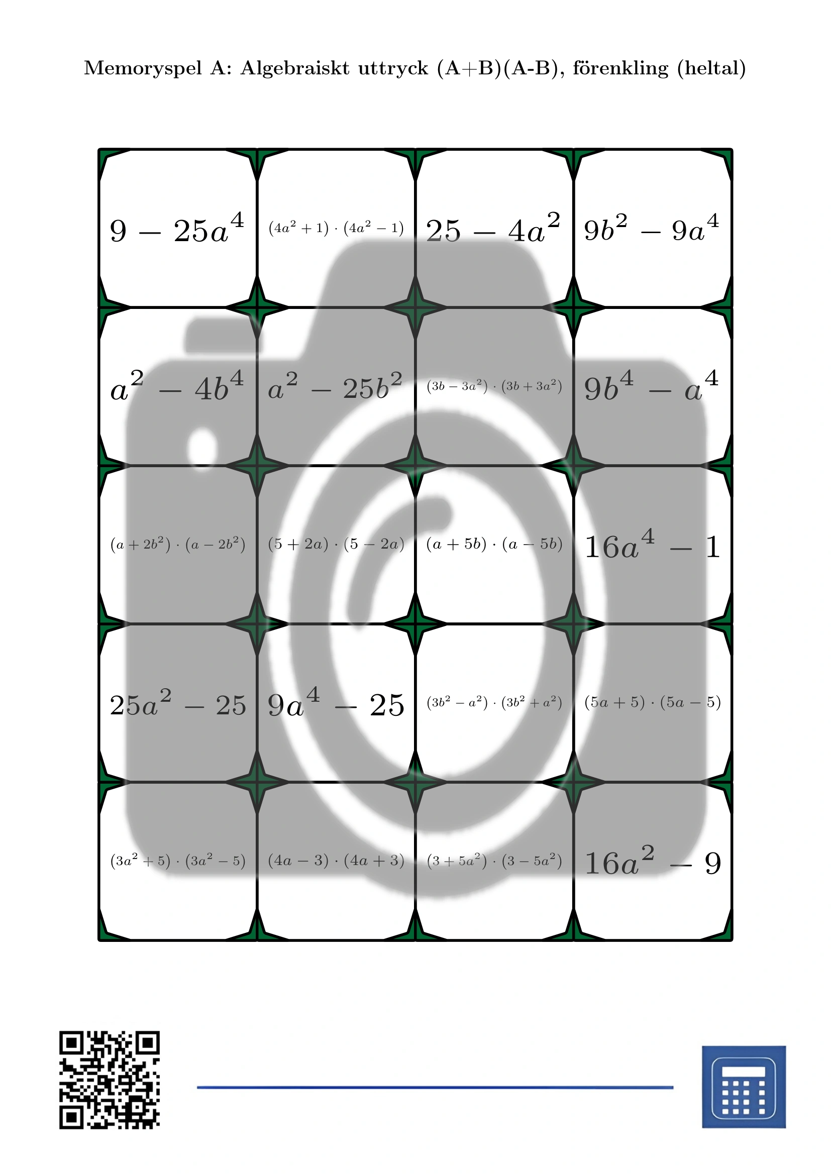 Memoryspel: Algebraiskt uttryck (A+B)(A-B), förenkling (heltal) - Bild 2