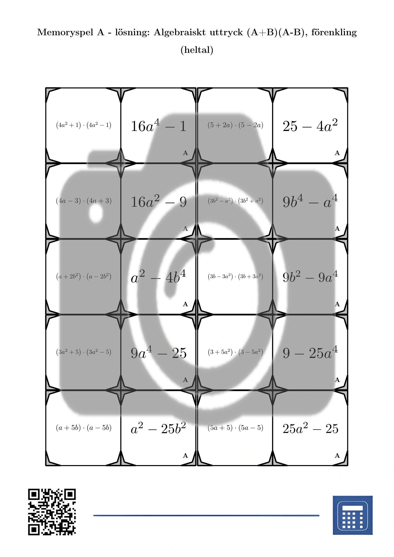 Memoryspel: Algebraiskt uttryck (A+B)(A-B), förenkling (heltal) - Bild 4