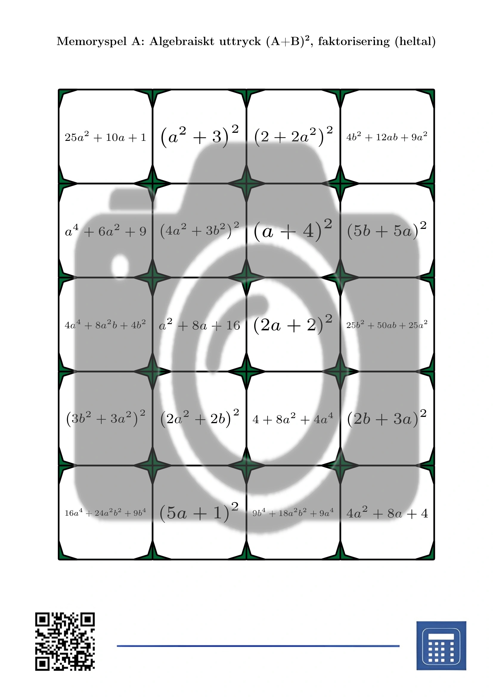 Memoryspel: Algebraiskt uttryck (A+B)², faktorisering (heltal) - Bild 2