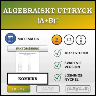 Kombinationsövning: Algebraiskt uttryck (A+B)², faktorisering (heltal)