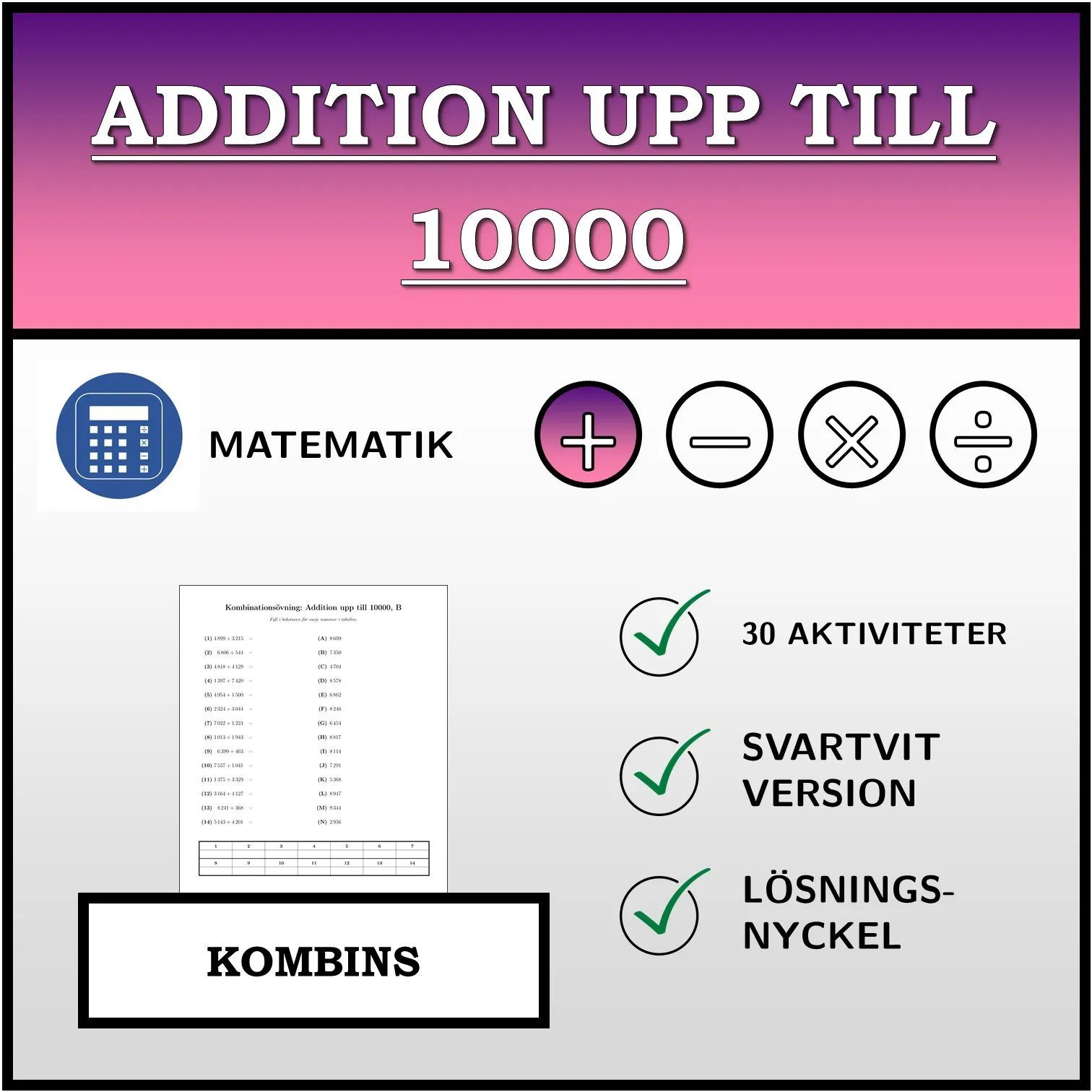 Kombinationsövning: Addition upp till 10000
