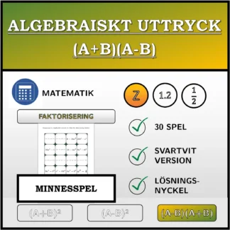 Memoryspel: Algebraiskt uttryck (A+B)(A-B), faktorisering (heltal)