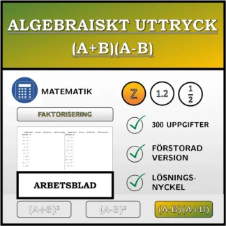 Arbetsblad: Algebraiskt uttryck (A+B)(A-B), faktorisering (heltal)