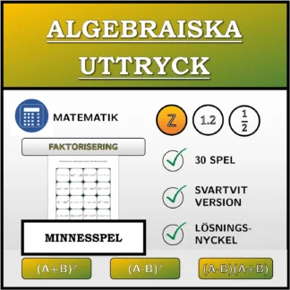 Memoryspel: Algebraiska uttryck, faktorisering (heltal)