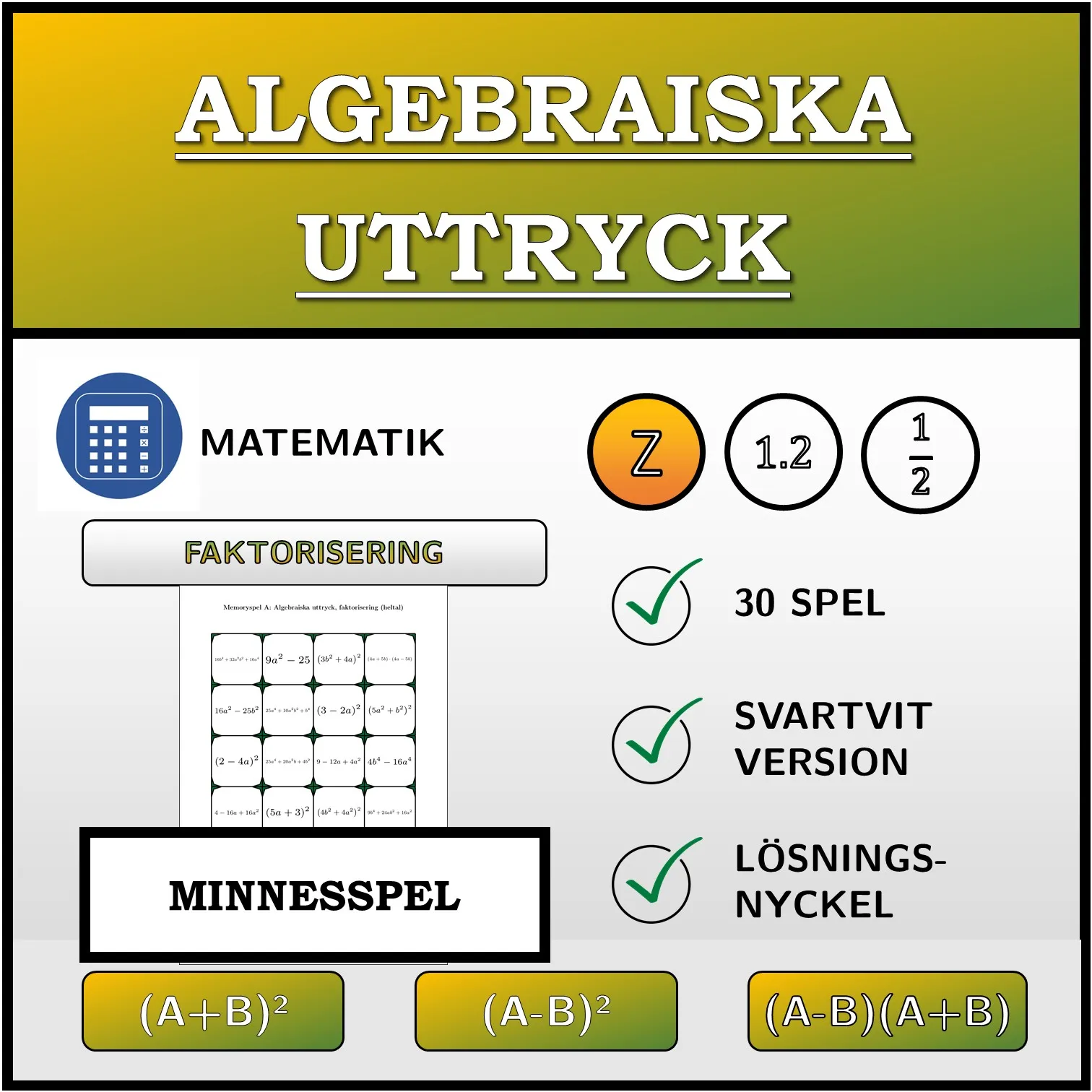 Memoryspel: Algebraiska uttryck, faktorisering (heltal)