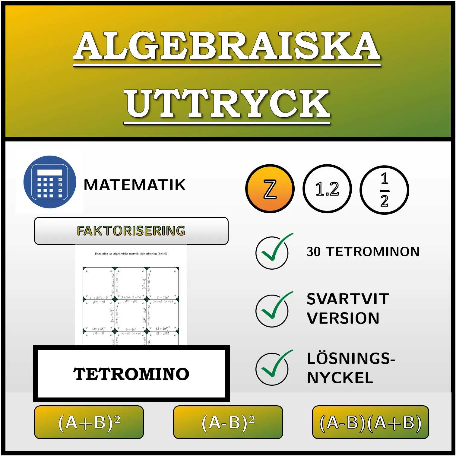 Tetromino: Algebraiska uttryck, faktorisering (heltal)