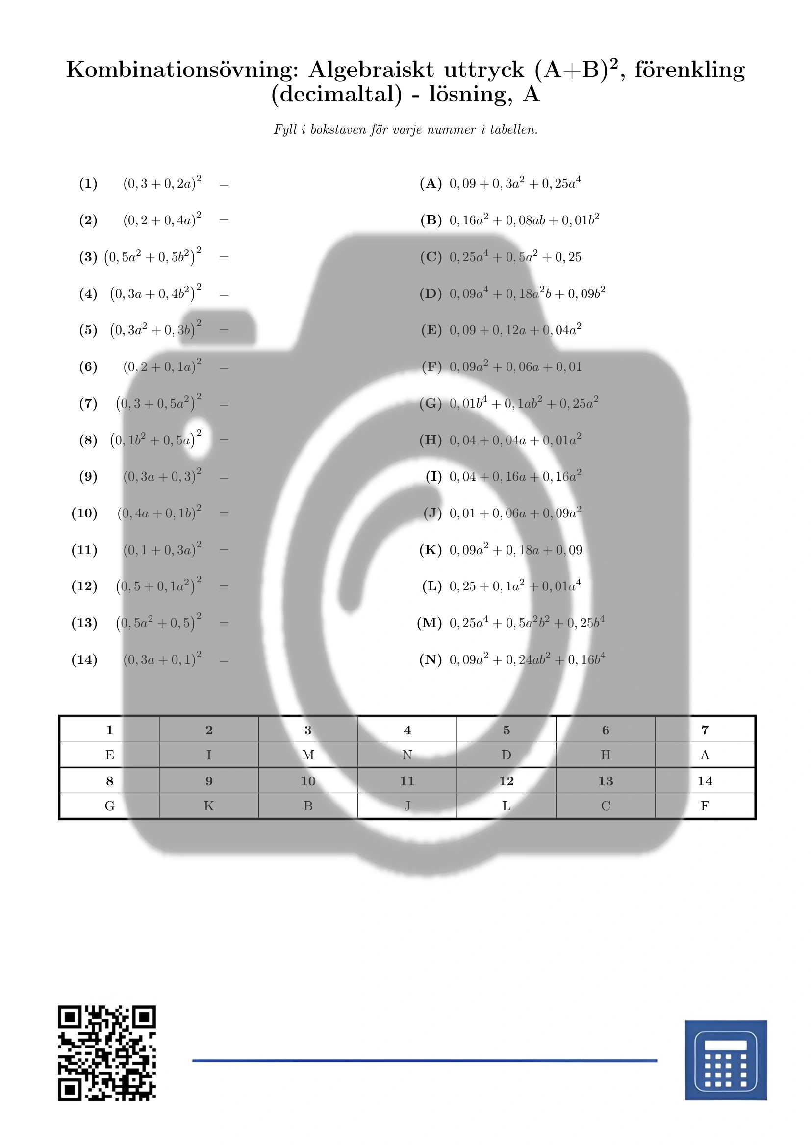 Kombinationsövning: Algebraiskt uttryck (A+B)², förenkling (decimaltal) - Bild 3