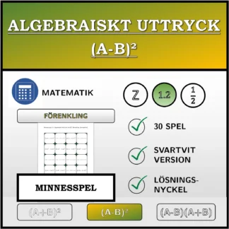 Memoryspel: Algebraiskt uttryck (A-B)², förenkling (decimaltal)