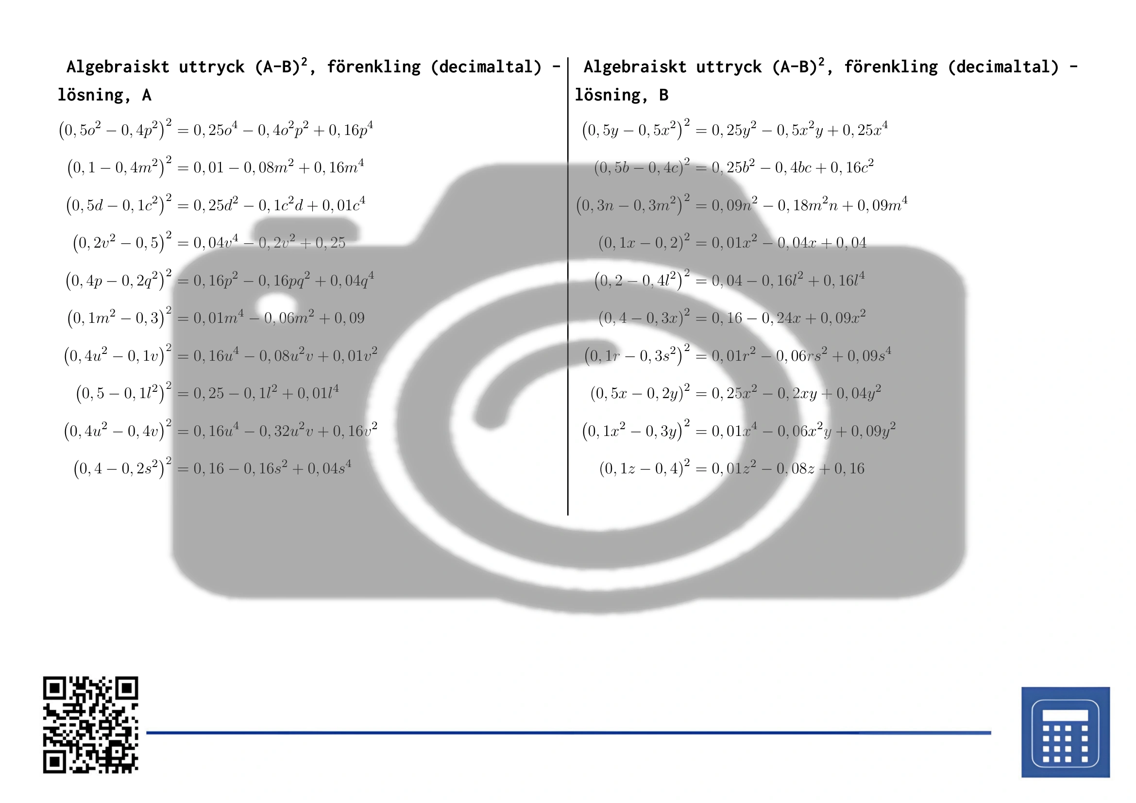 Arbetsblad: Algebraiskt uttryck (A-B)², förenkling (decimaltal) - Bild 4