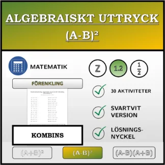 Kombinationsövning: Algebraiskt uttryck (A-B)², förenkling (decimaltal)