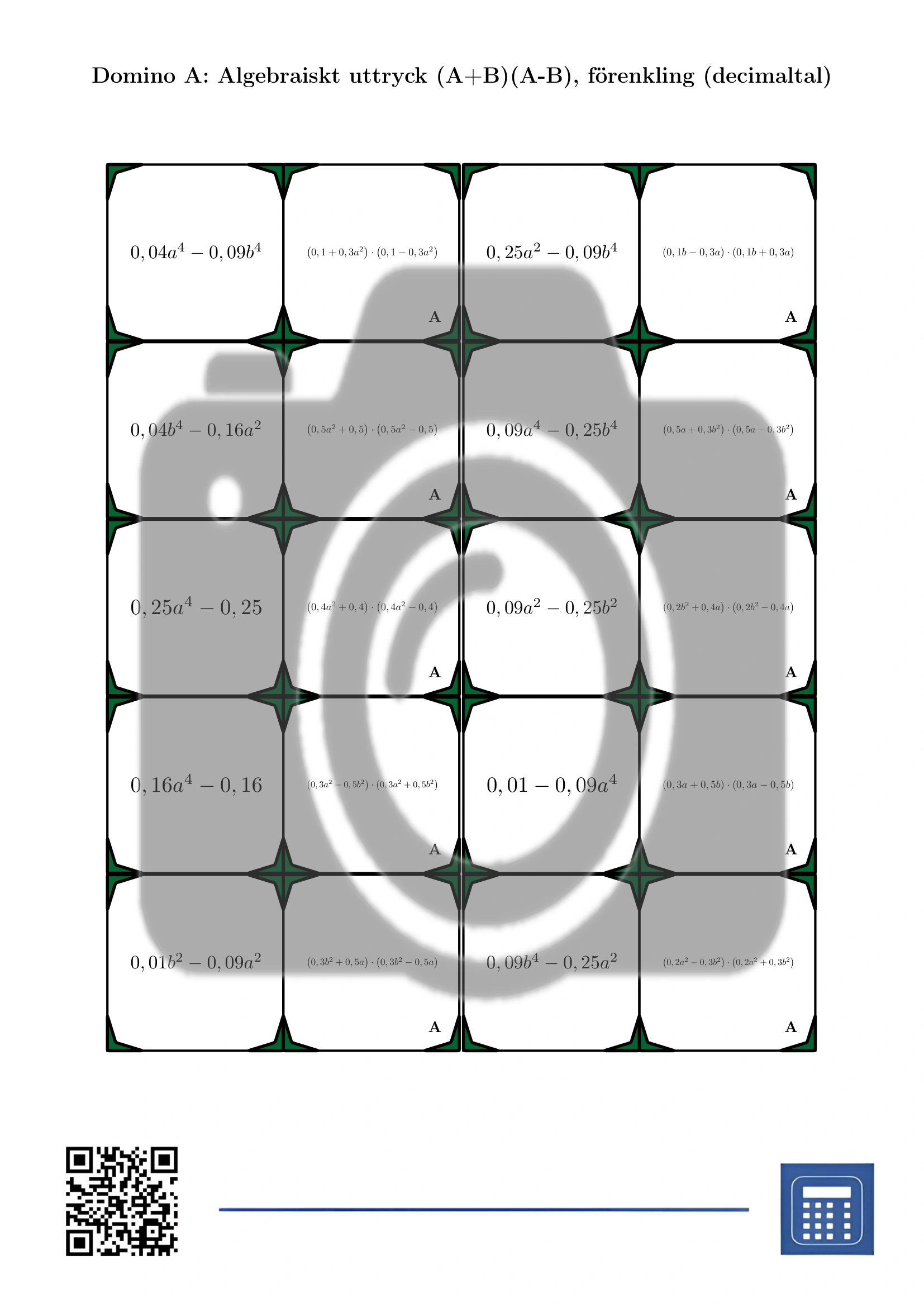 Domino: Algebraiskt uttryck (A+B)(A-B), förenkling (decimaltal) - Bild 2