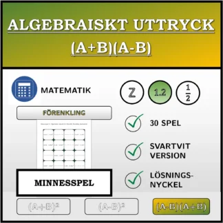Memoryspel: Algebraiskt uttryck (A+B)(A-B), förenkling (decimaltal)