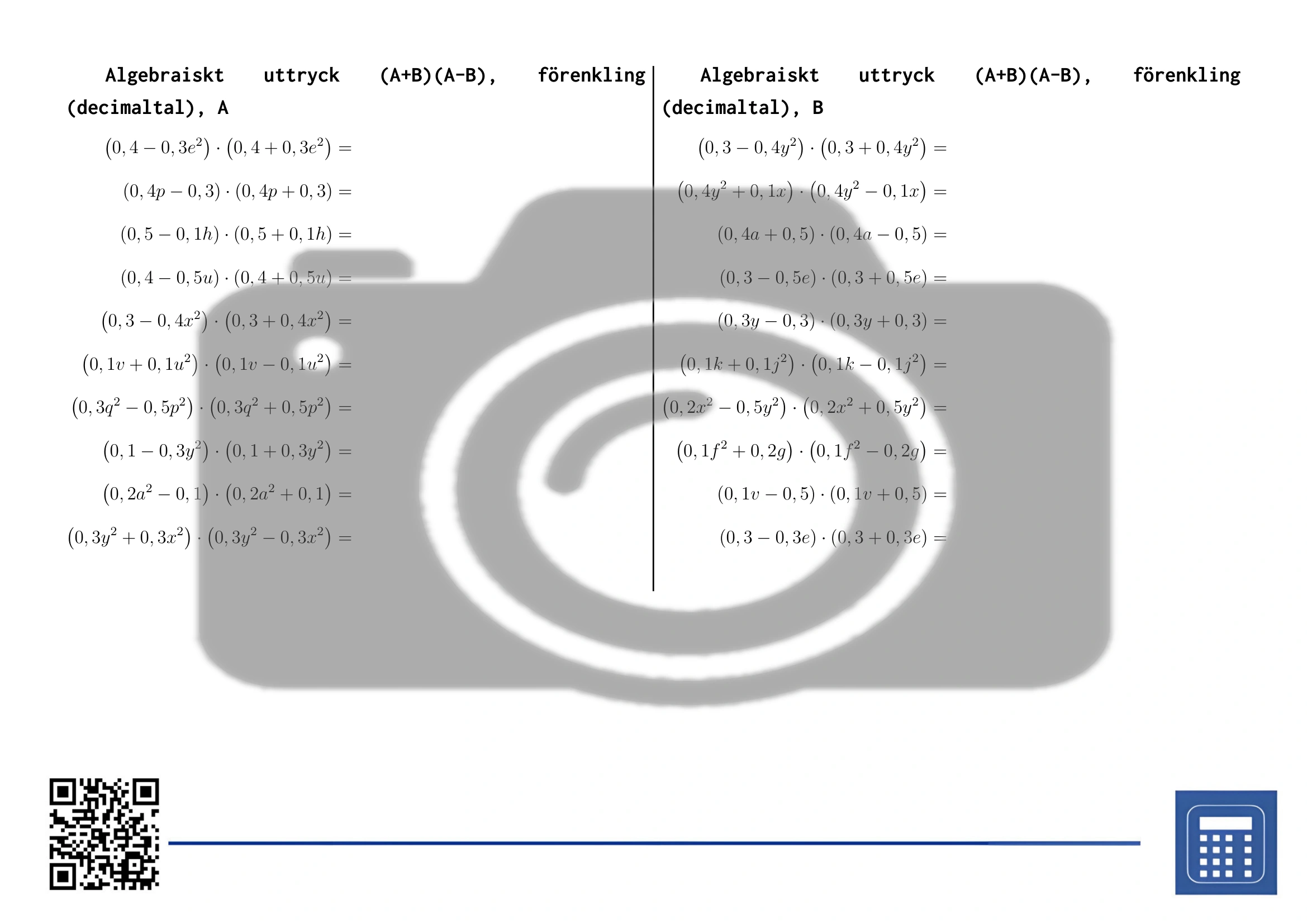 Arbetsblad: Algebraiskt uttryck (A+B)(A-B), förenkling (decimaltal) - Bild 2