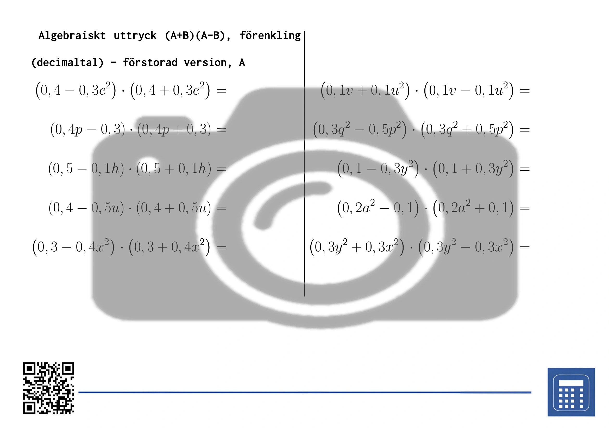 Arbetsblad: Algebraiskt uttryck (A+B)(A-B), förenkling (decimaltal) - Bild 3