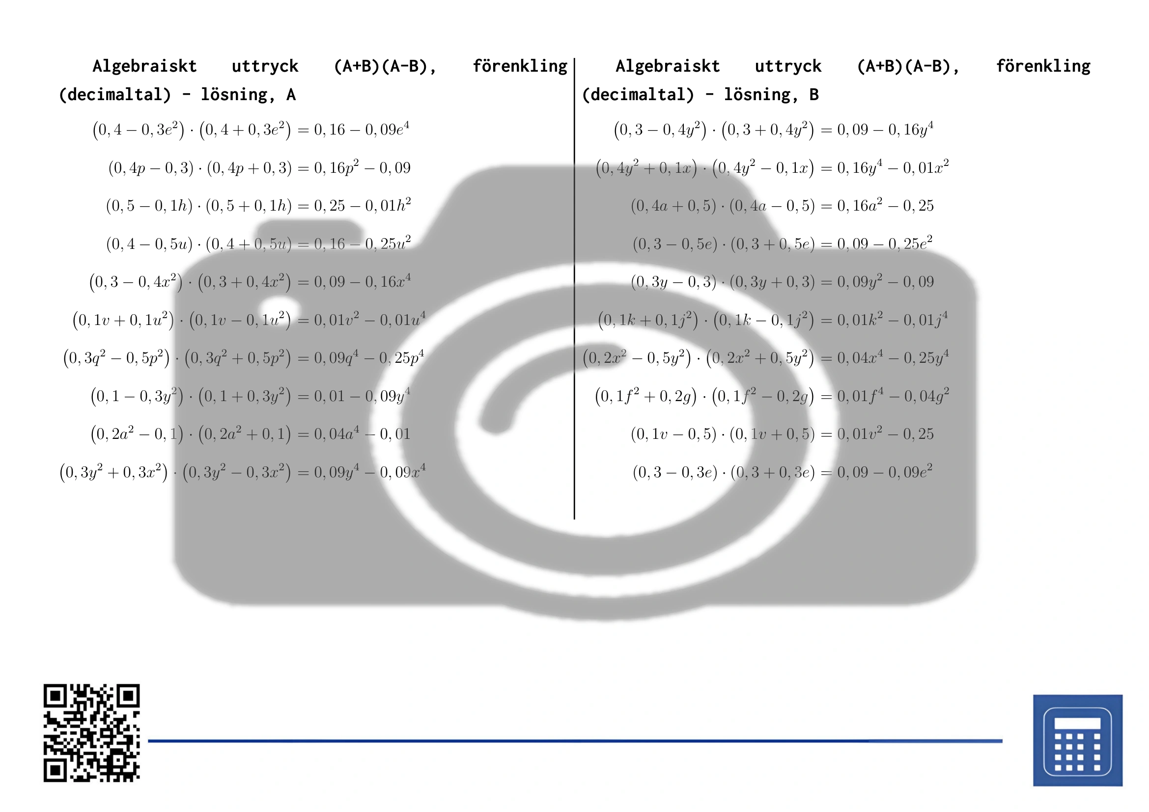 Arbetsblad: Algebraiskt uttryck (A+B)(A-B), förenkling (decimaltal) - Bild 4