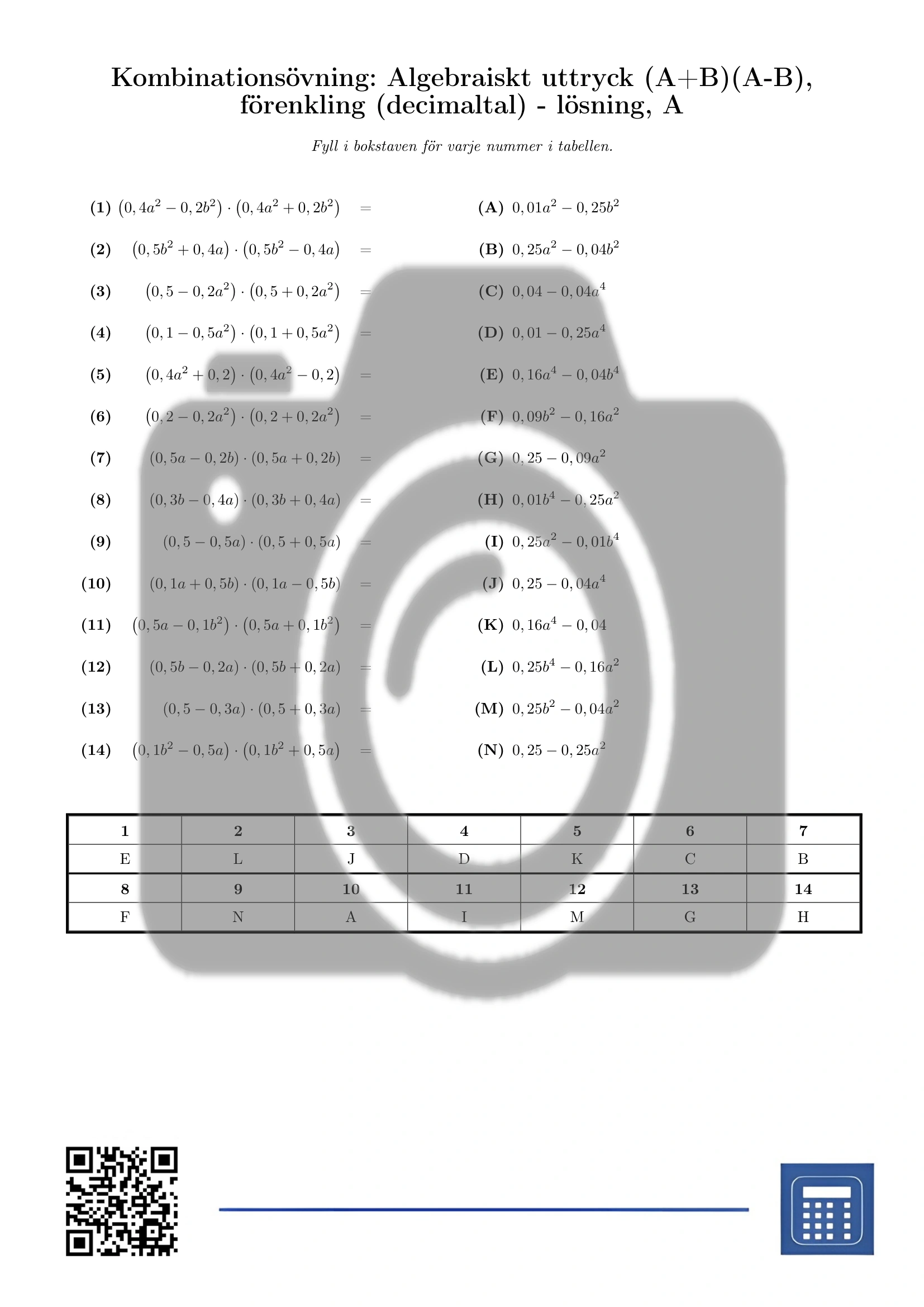 Kombinationsövning: Algebraiskt uttryck (A+B)(A-B), förenkling (decimaltal) - Bild 3
