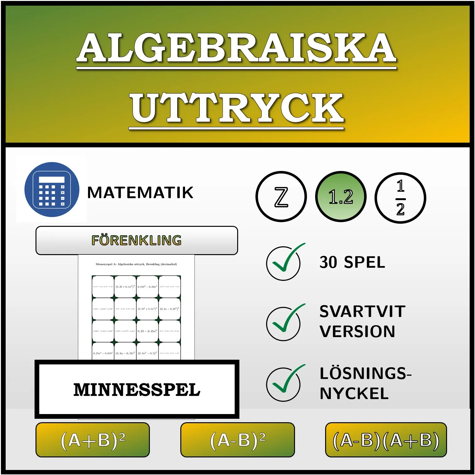 Memoryspel: Algebraiska uttryck, förenkling (decimaltal)