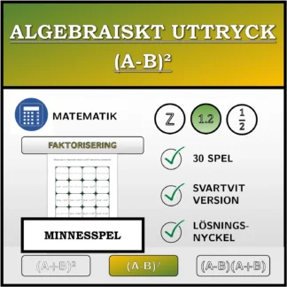 Memoryspel: Algebraiskt uttryck (A-B)², faktorisering (decimaltal)