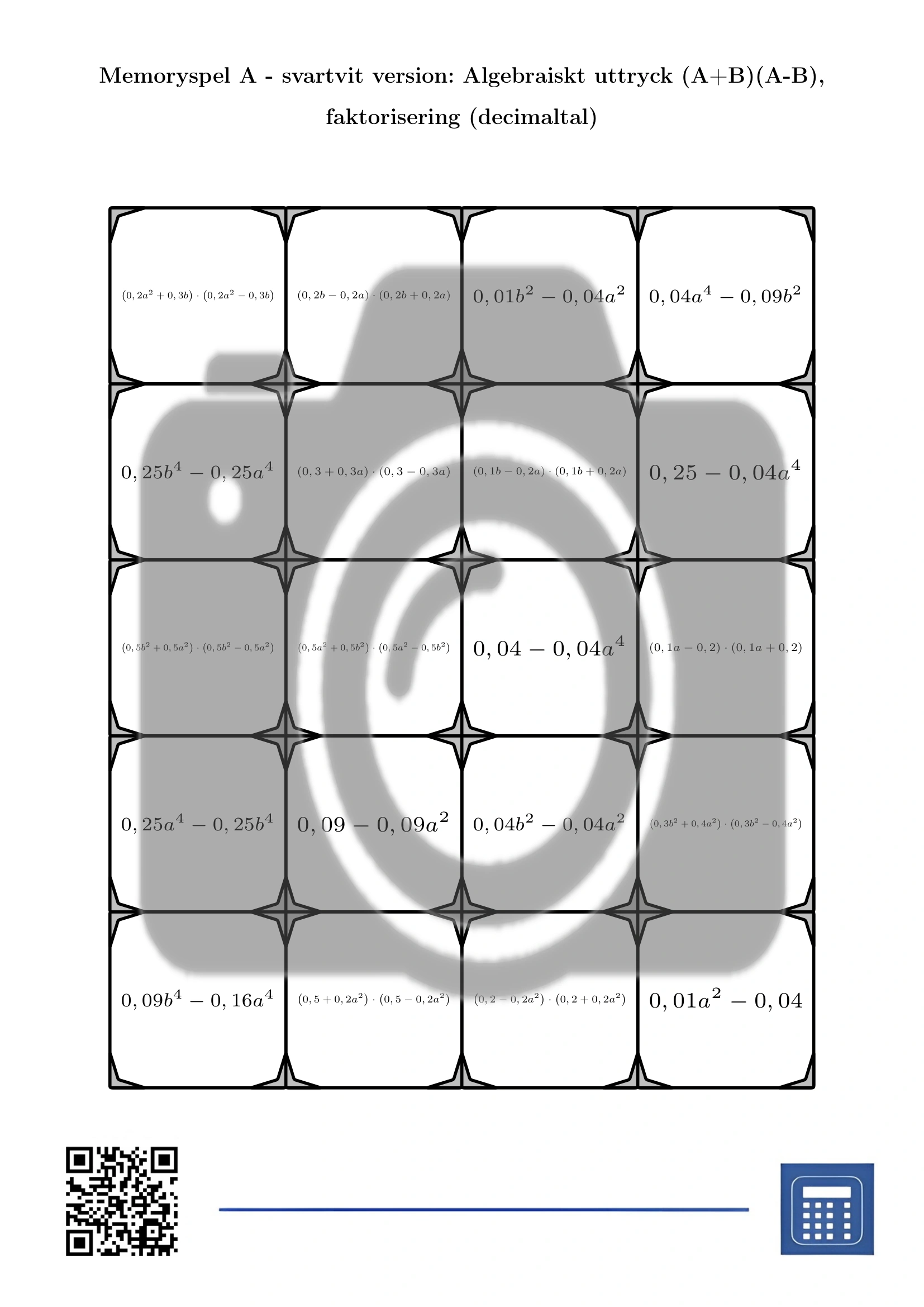 Memoryspel: Algebraiskt uttryck (A+B)(A-B), faktorisering (decimaltal) - Bild 3