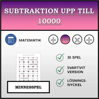 Memoryspel: Subtraktion upp till 10000