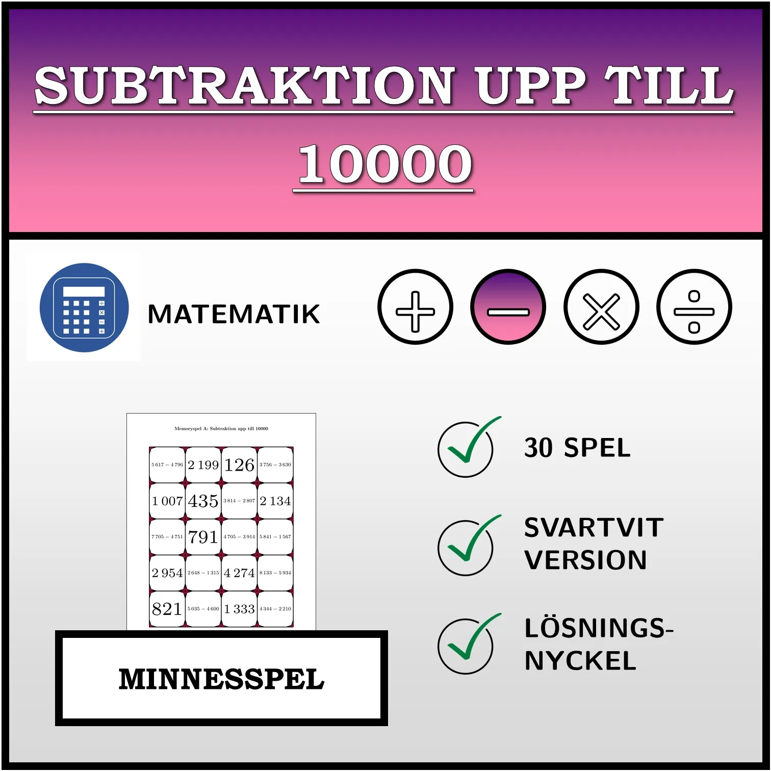 Memoryspel: Subtraktion upp till 10000