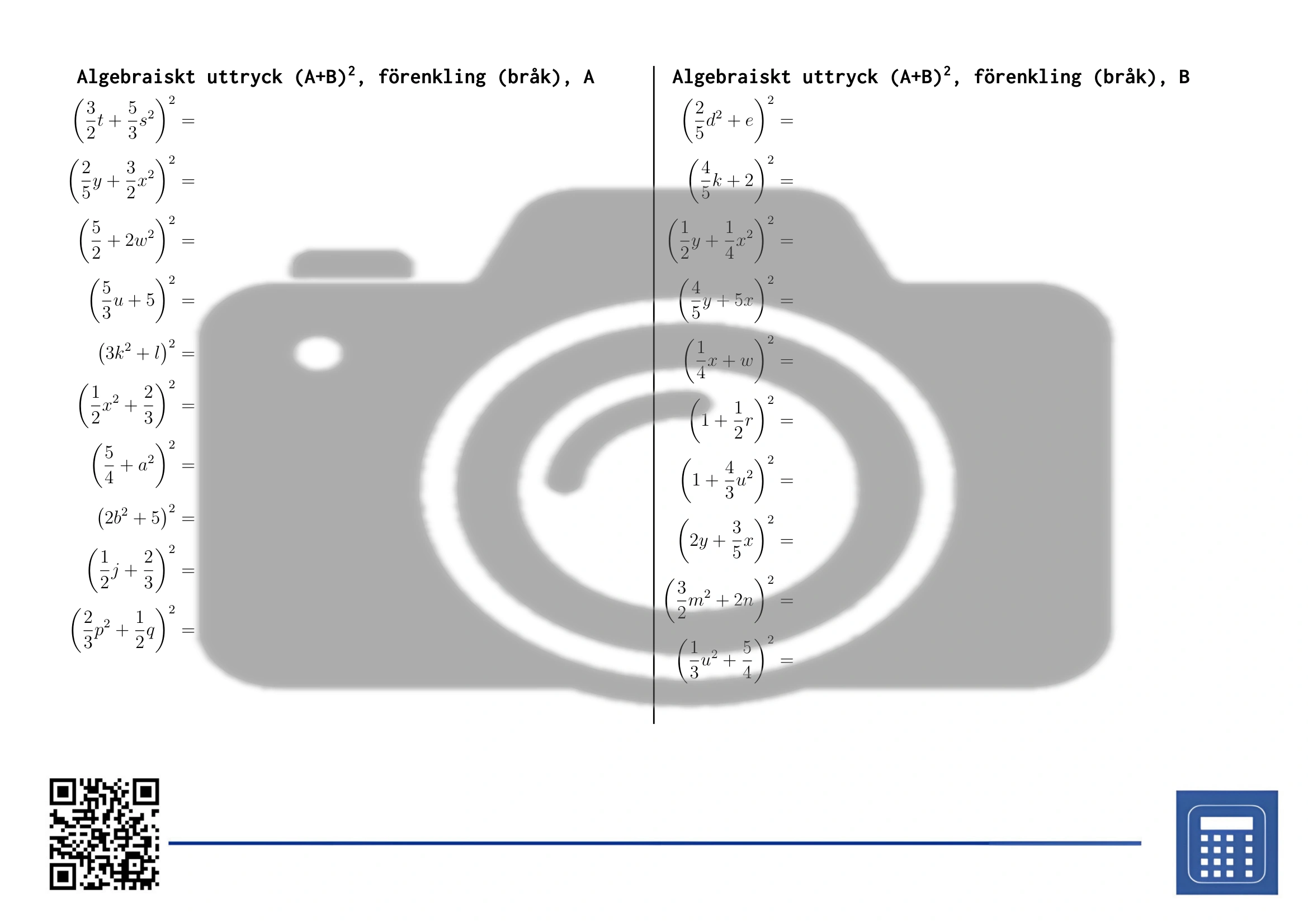 Arbetsblad: Algebraiskt uttryck (A+B)², förenkling (bråk) - Bild 2