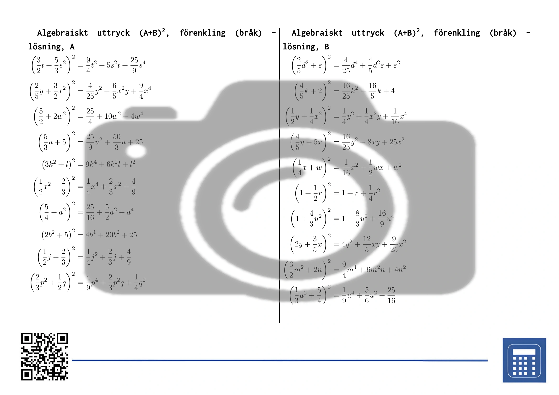 Arbetsblad: Algebraiskt uttryck (A+B)², förenkling (bråk) - Bild 4