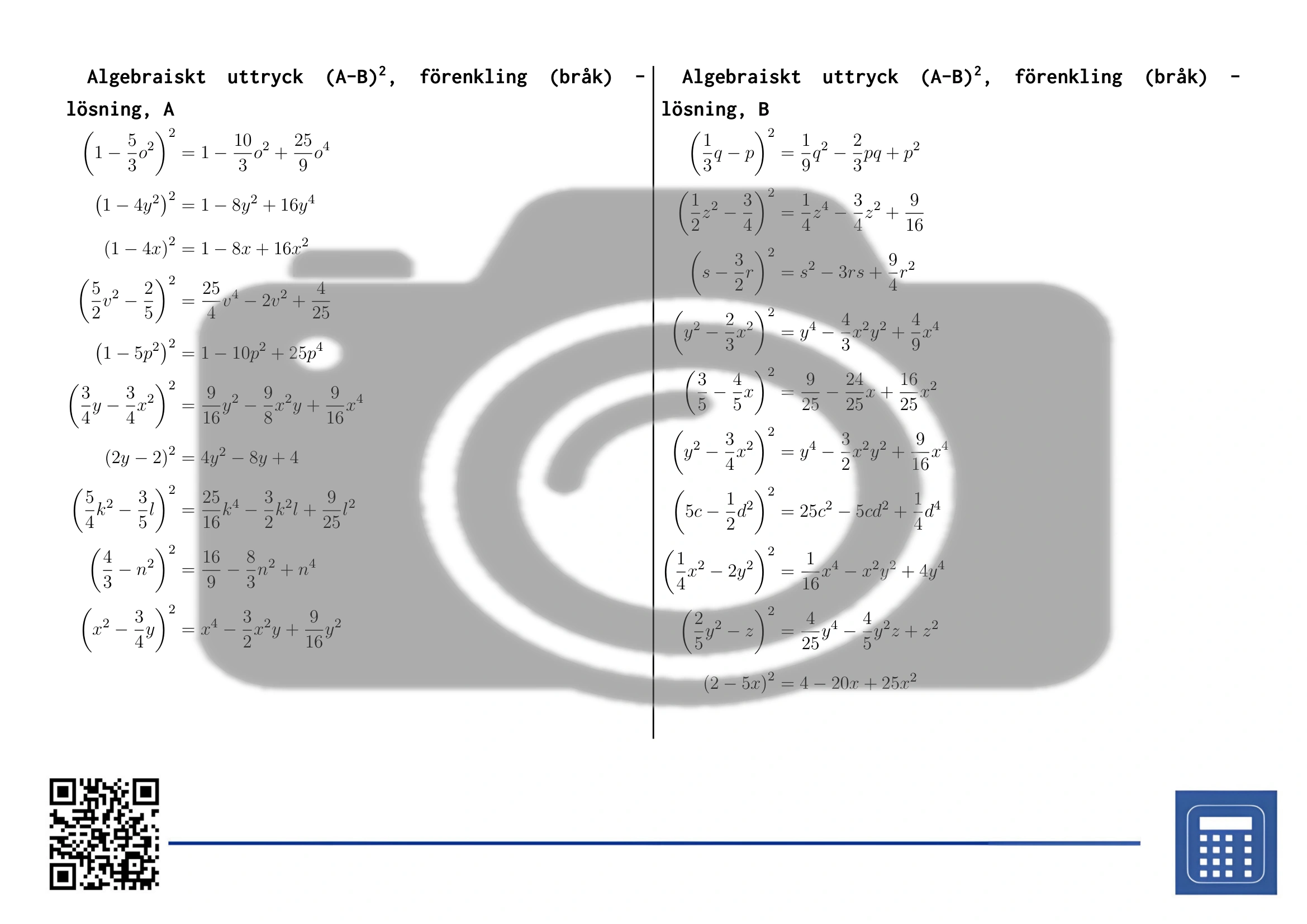 Arbetsblad: Algebraiskt uttryck (A-B)², förenkling (bråk) - Bild 4