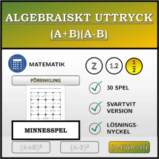 Memoryspel: Algebraiskt uttryck (A+B)(A-B), förenkling (bråk)