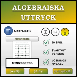 Memoryspel: Algebraiska uttryck, förenkling (bråk)
