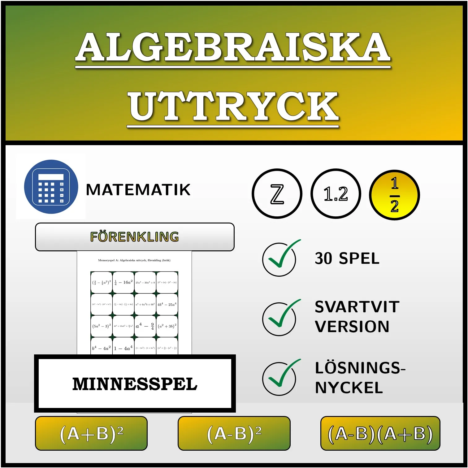 Memoryspel: Algebraiska uttryck, förenkling (bråk)