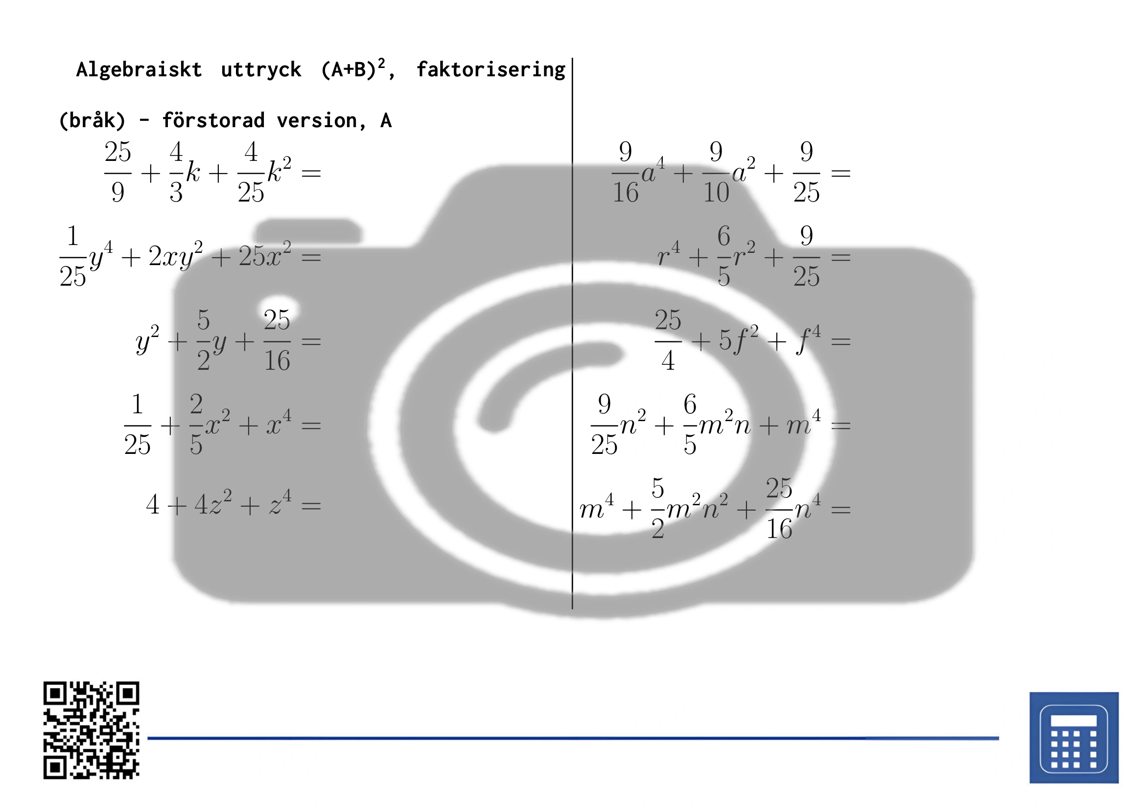 Arbetsblad: Algebraiskt uttryck (A+B)², faktorisering (bråk) - Bild 3