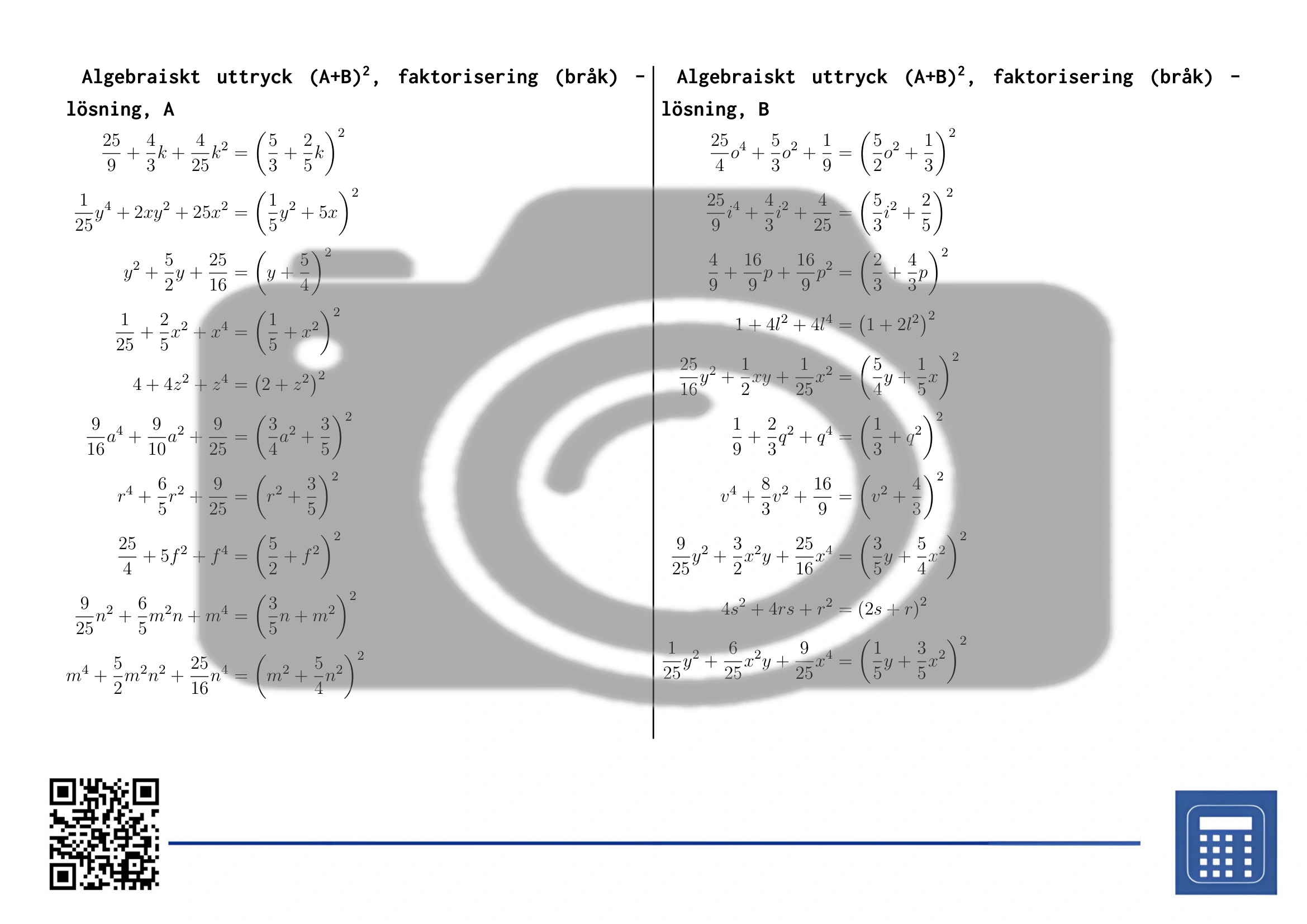 Arbetsblad: Algebraiskt uttryck (A+B)², faktorisering (bråk) - Bild 4