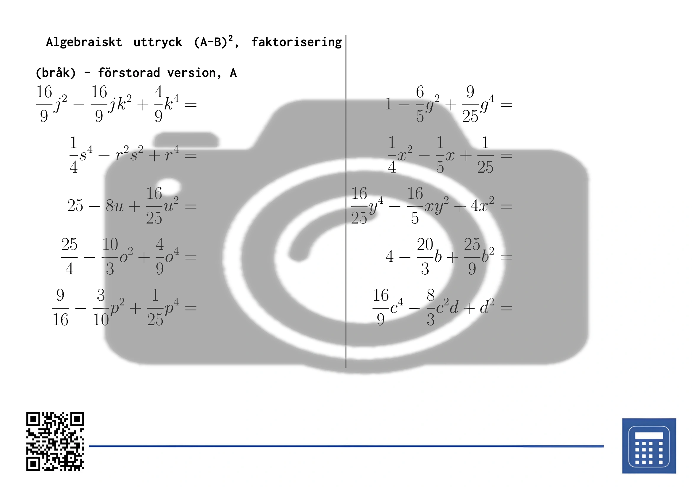Arbetsblad: Algebraiskt uttryck (A-B)², faktorisering (bråk) - Bild 3