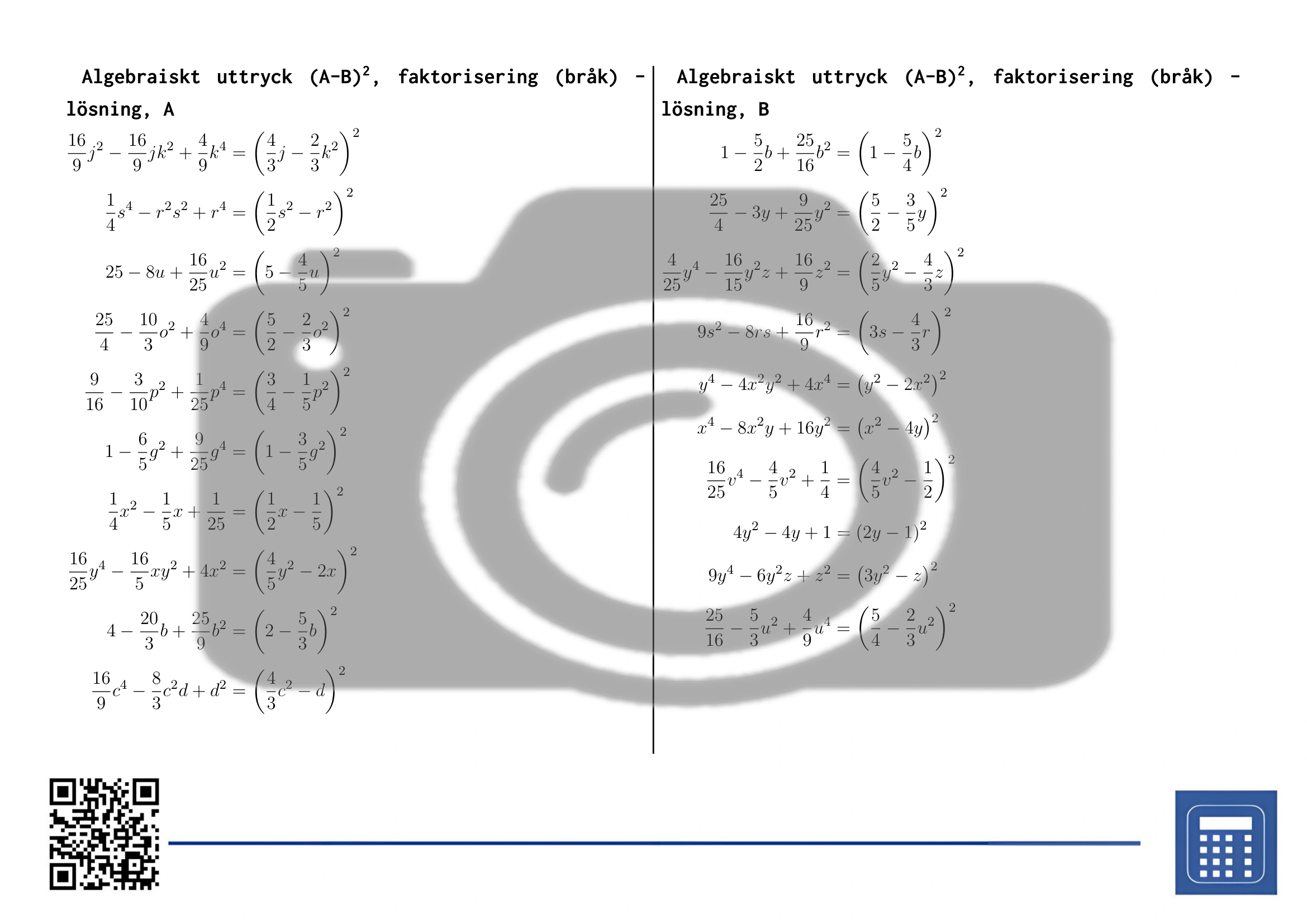 Arbetsblad: Algebraiskt uttryck (A-B)², faktorisering (bråk) - Bild 4