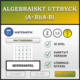 Memoryspel: Algebraiskt uttryck (A+B)(A-B), faktorisering (bråk)