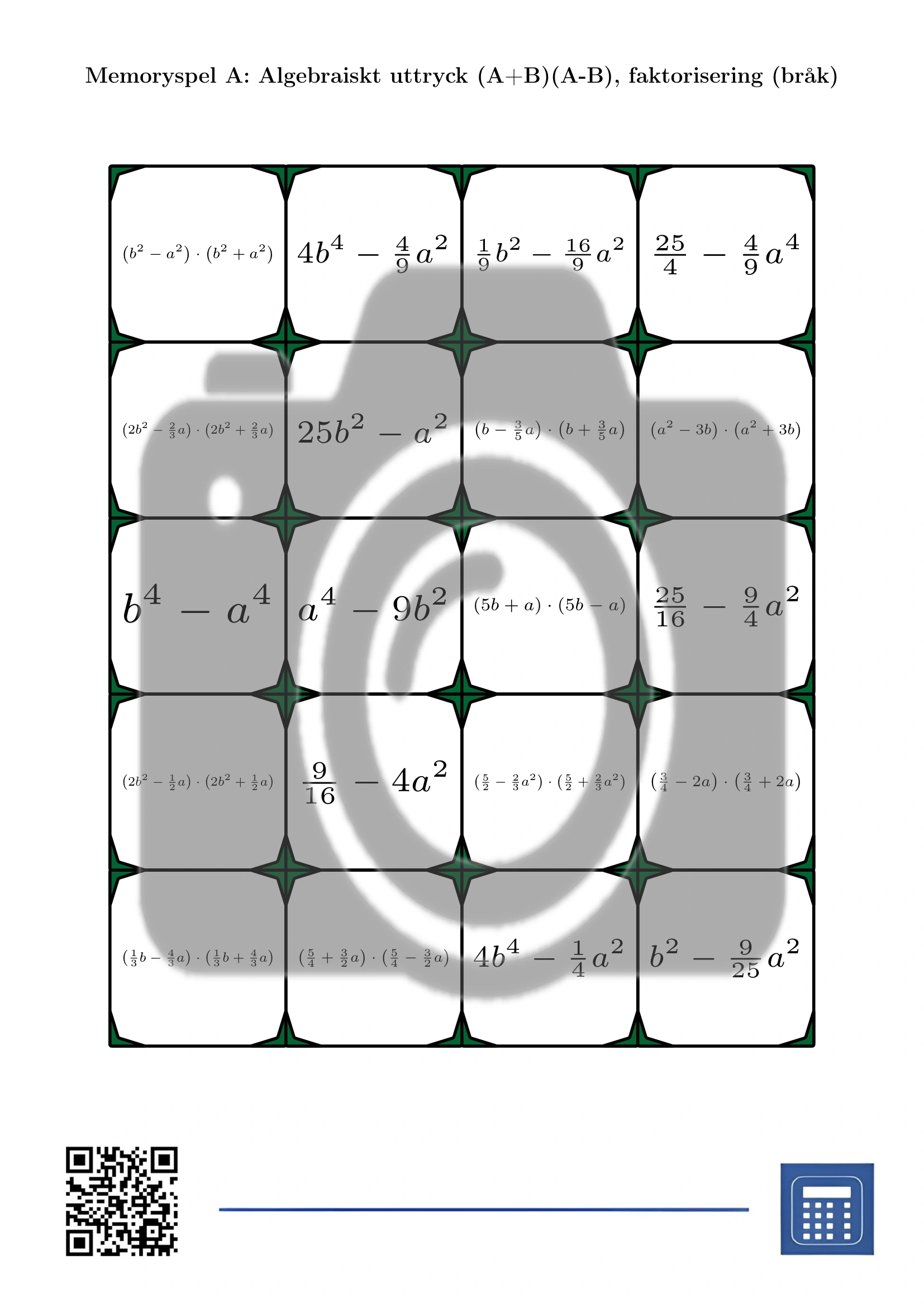 Memoryspel: Algebraiskt uttryck (A+B)(A-B), faktorisering (bråk) - Bild 2