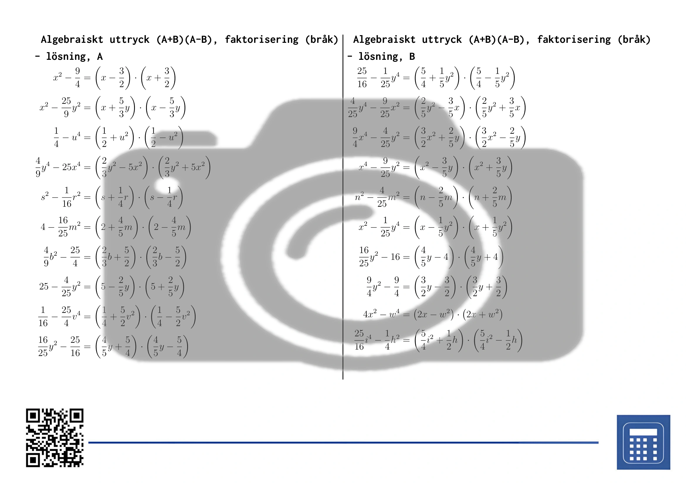 Arbetsblad: Algebraiskt uttryck (A+B)(A-B), faktorisering (bråk) - Bild 4