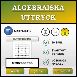 Memoryspel: Algebraiska uttryck, faktorisering (bråk)