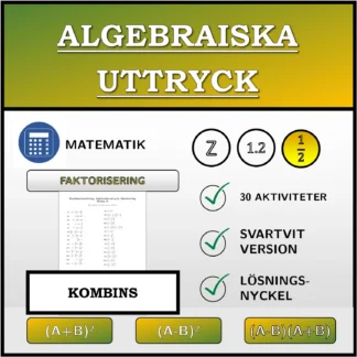 Kombinationsövning: Algebraiska uttryck, faktorisering (bråk)