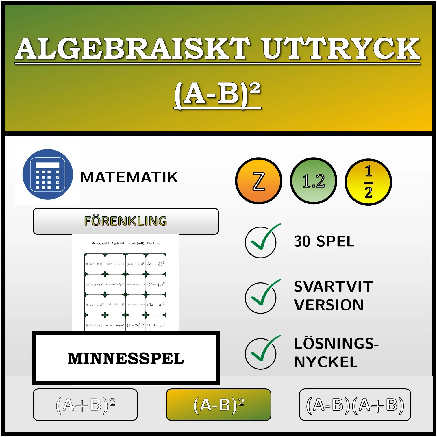 Memoryspel: Algebraiskt uttryck (A-B)², förenkling