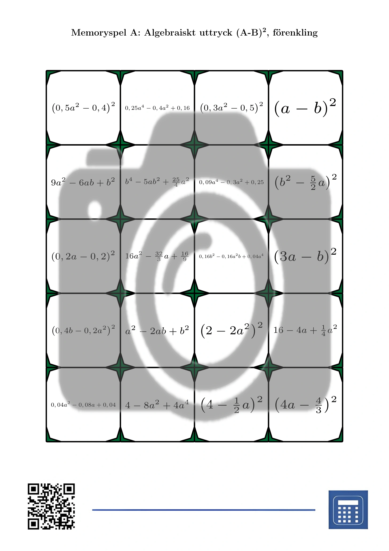 Memoryspel: Algebraiskt uttryck (A-B)², förenkling - Bild 2