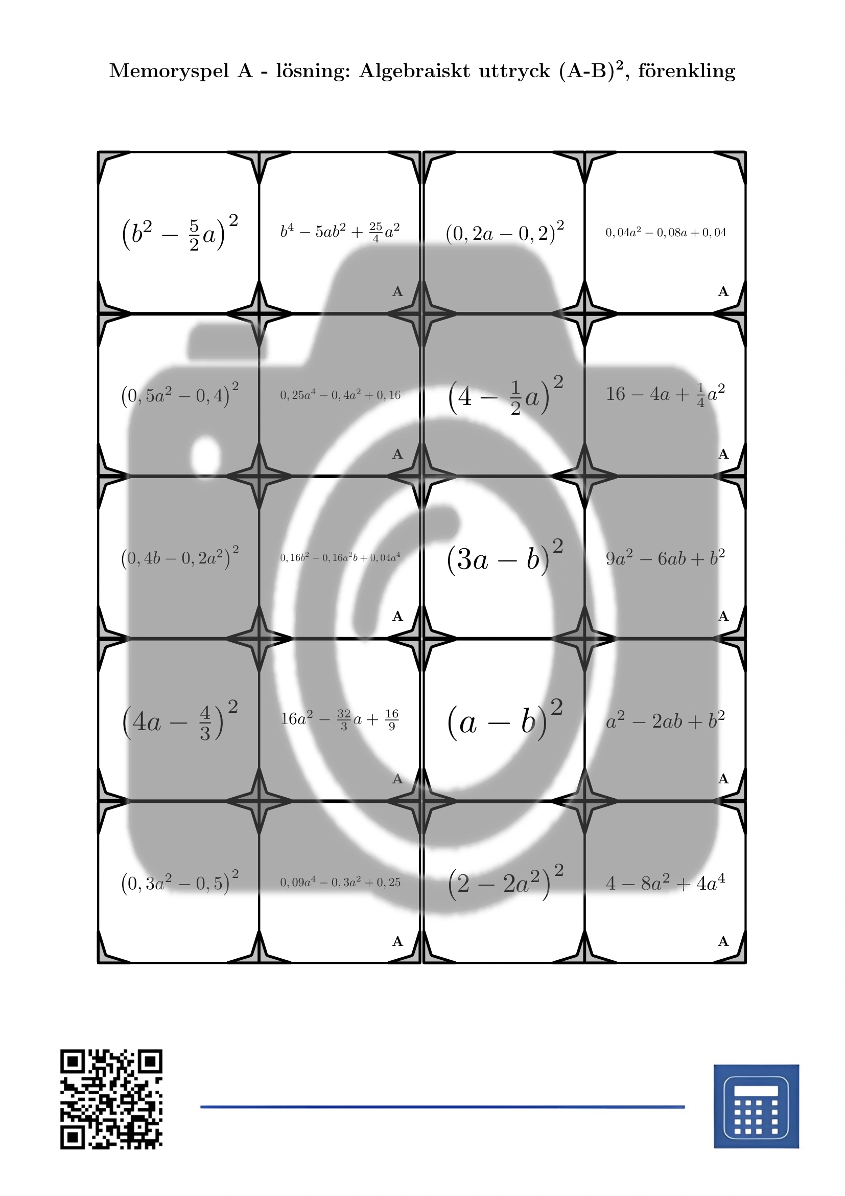 Memoryspel: Algebraiskt uttryck (A-B)², förenkling - Bild 4