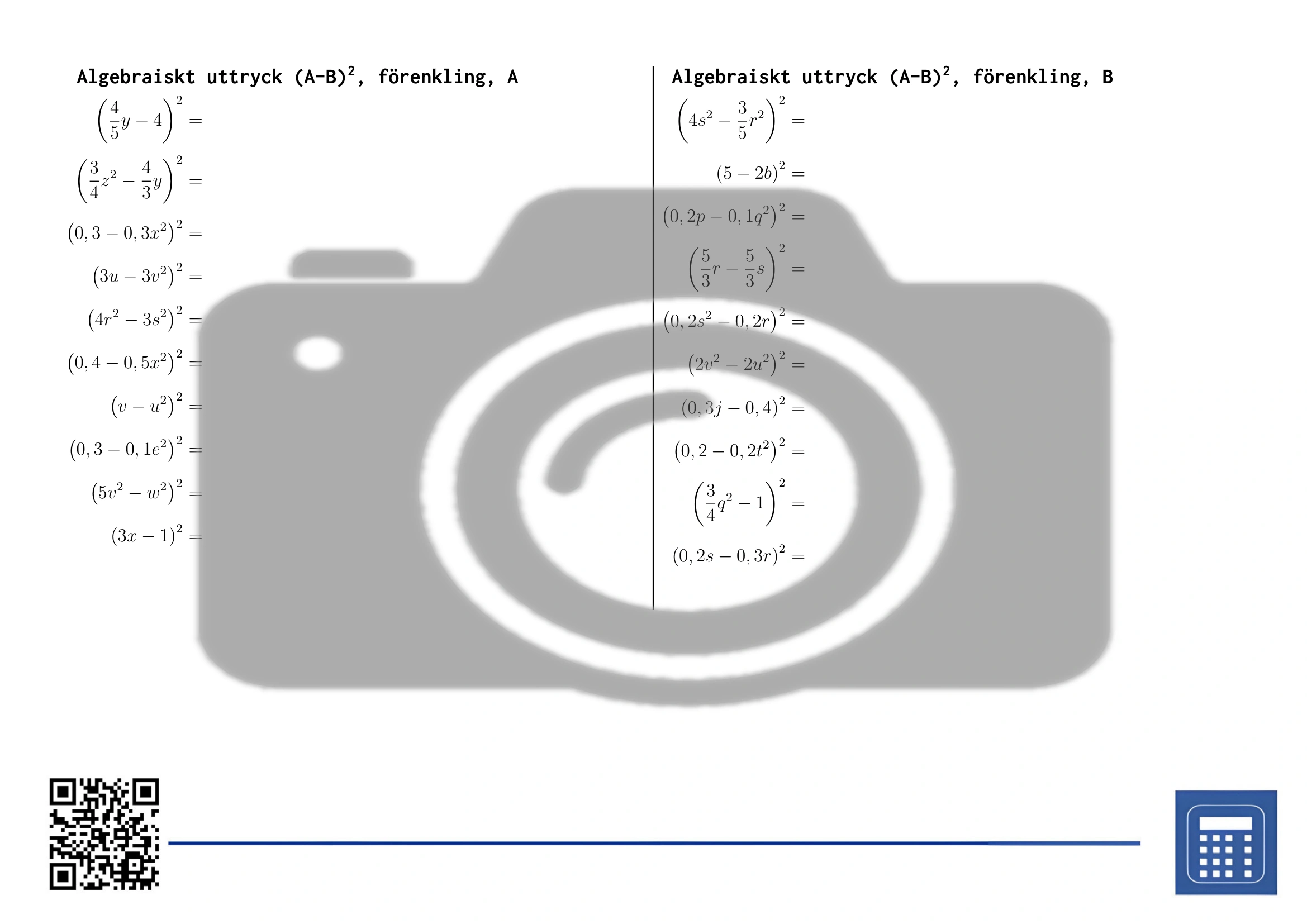Arbetsblad: Algebraiskt uttryck (A-B)², förenkling - Bild 2