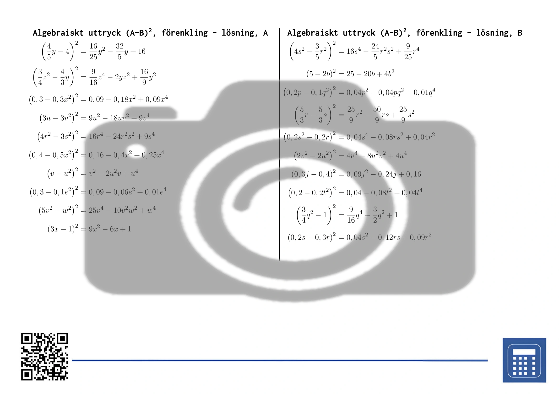 Arbetsblad: Algebraiskt uttryck (A-B)², förenkling - Bild 4
