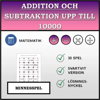 Memoryspel: Addition och subtraktion upp till 10000